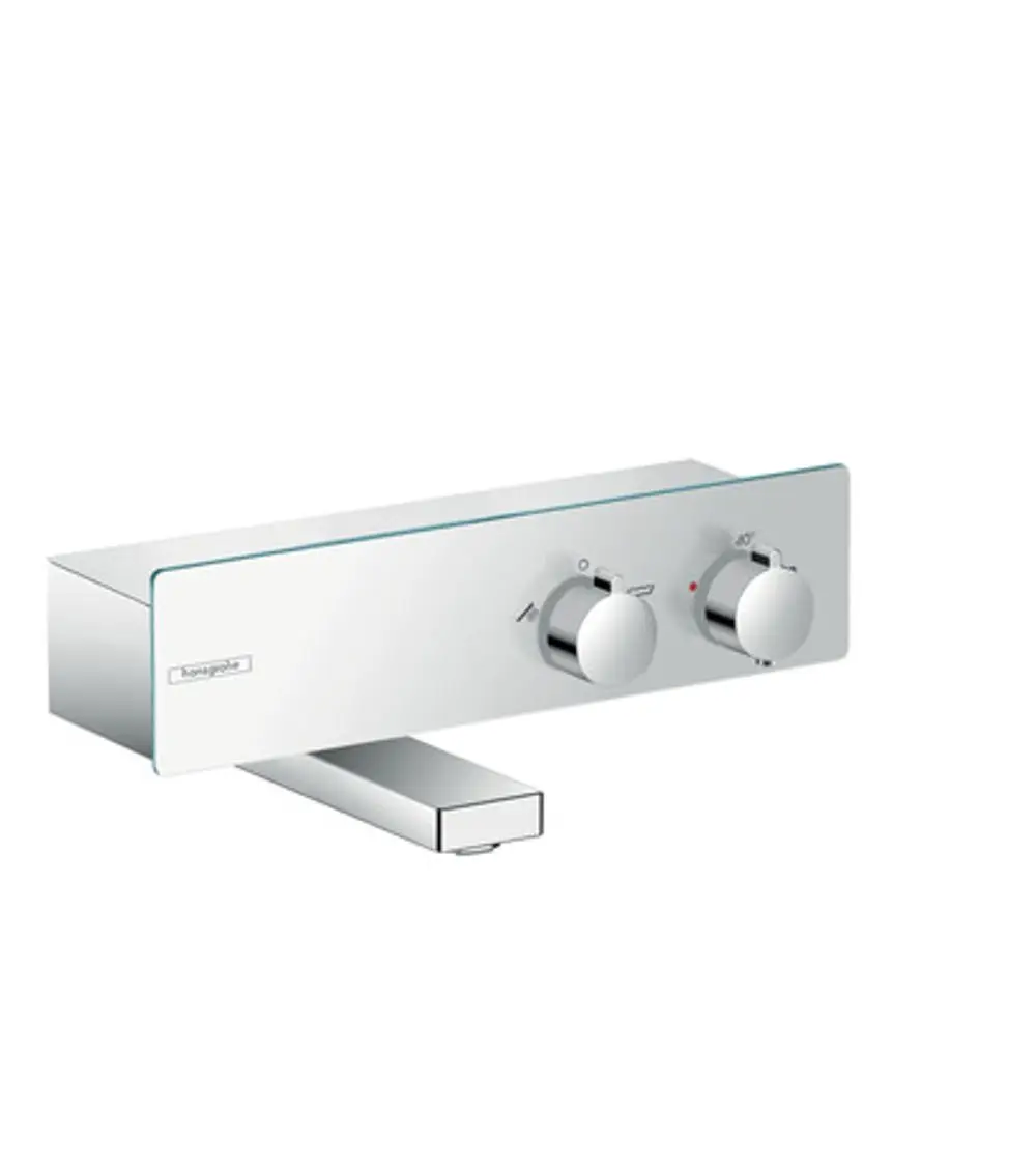 Hansgrohe Thermostat für die Wandmontage mit zwei runden Bedienknöpfen zur Temperatur- und Wassermengenregulierung, in Chromoptik.
